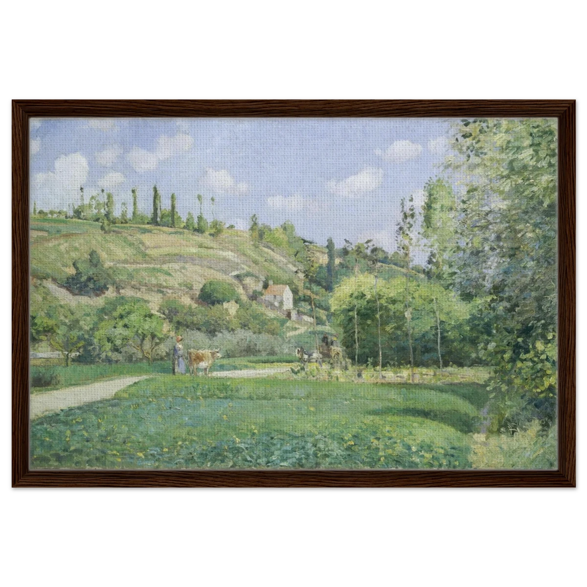 A Cowherd at Valhermeil, Auvers - sur - Oise (1874) by Camille Pissarro | Nature Wall art Print - Framed Canvas - 50x75 cm / 20x30″ - Dark wood frame