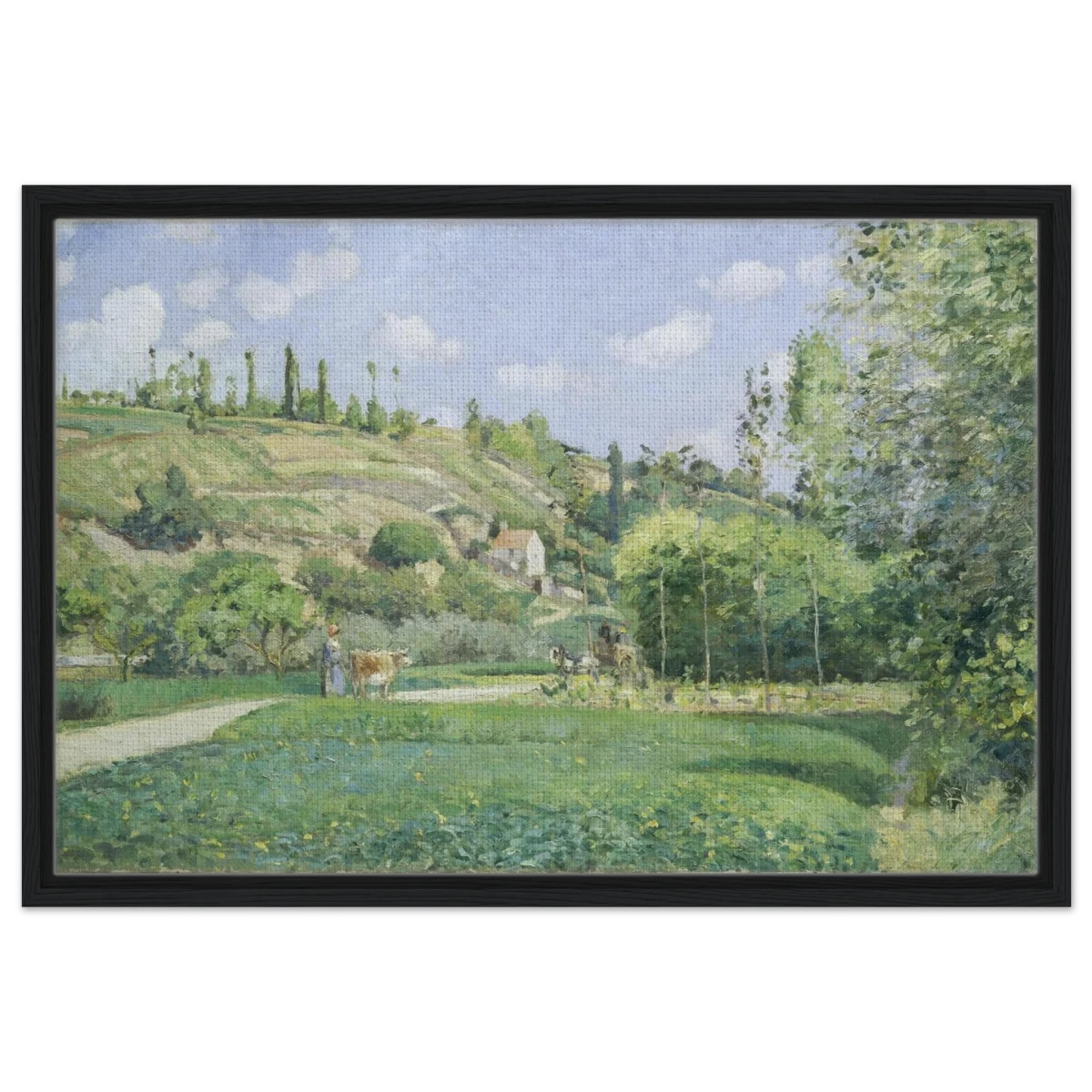 A Cowherd at Valhermeil, Auvers - sur - Oise (1874) by Camille Pissarro | Nature Wall art Print - Framed Canvas - 50x75 cm / 20x30″ - Black frame