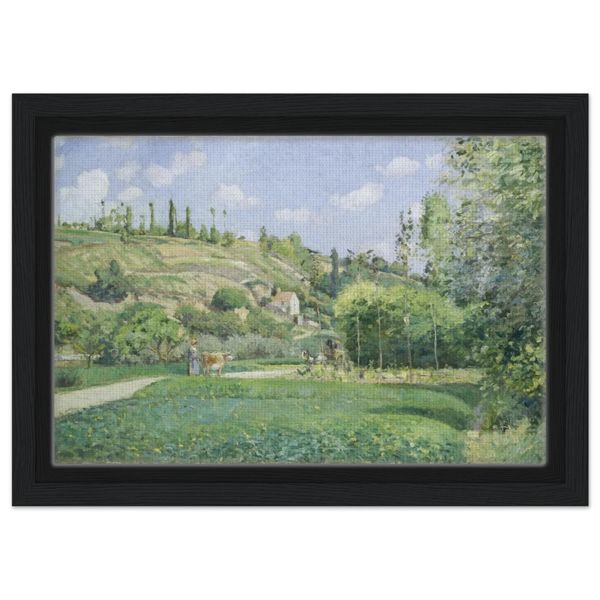 A Cowherd at Valhermeil, Auvers - sur - Oise (1874) by Camille Pissarro | Nature Wall art Print - Framed Canvas - 20x30 cm / 8x12″ - Black frame