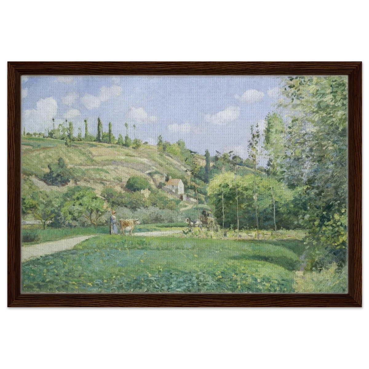 A Cowherd at Valhermeil, Auvers - sur - Oise (1874) by Camille Pissarro | Nature Wall art Print - Framed Canvas - 40x60 cm / 16x24″ - Dark wood frame