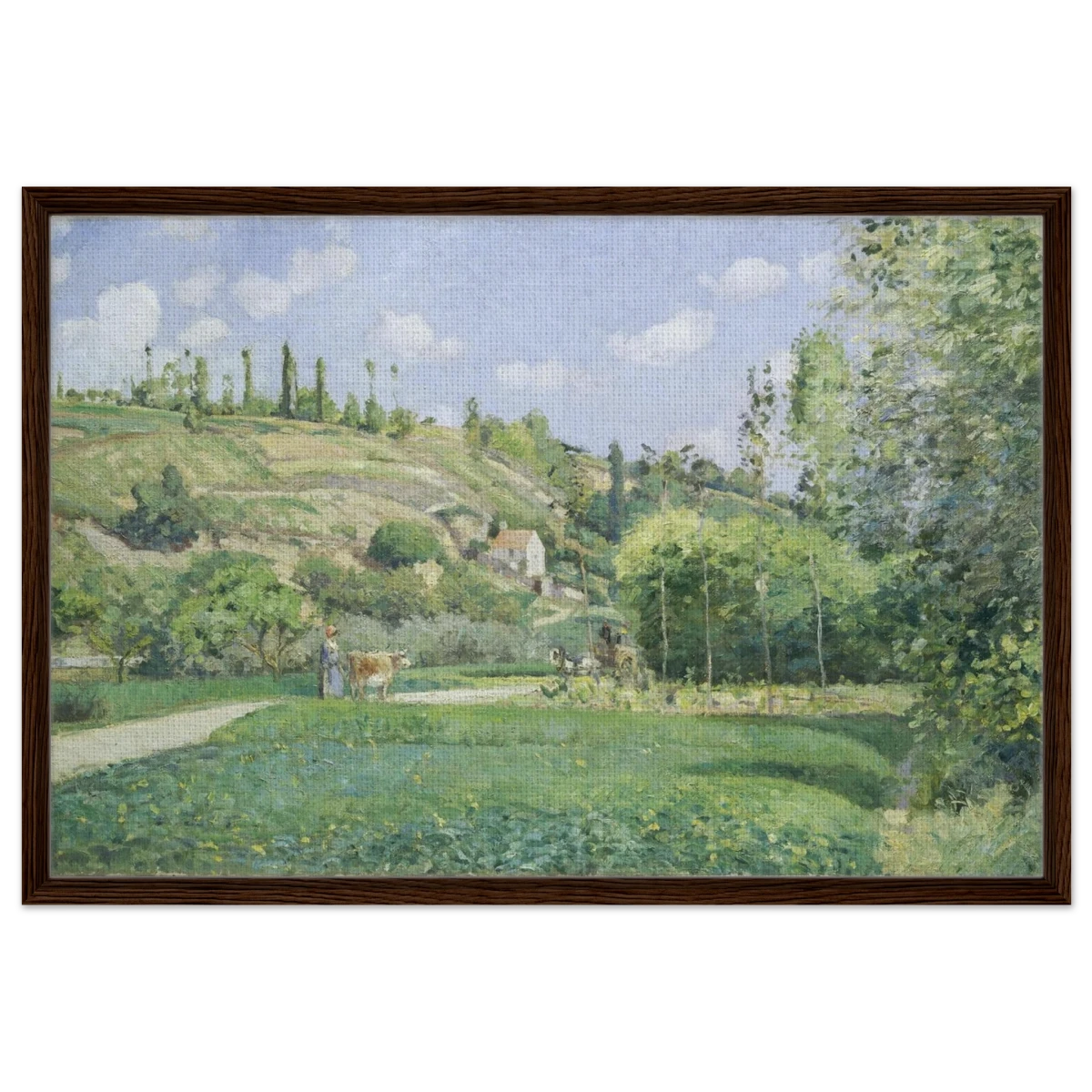 A Cowherd at Valhermeil, Auvers - sur - Oise (1874) by Camille Pissarro | Nature Wall art Print - Framed Canvas - 60x90 cm / 24x36″ - Dark wood frame