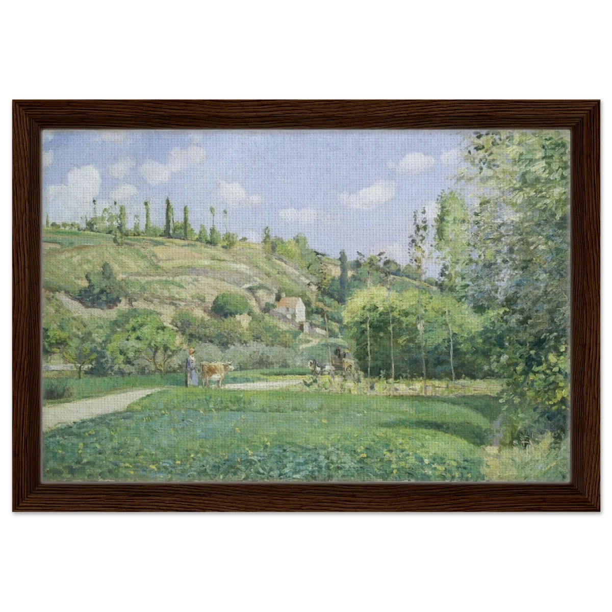 A Cowherd at Valhermeil, Auvers - sur - Oise (1874) by Camille Pissarro | Nature Wall art Print - Framed Canvas - 30x45 cm / 12x18″ - Dark wood frame