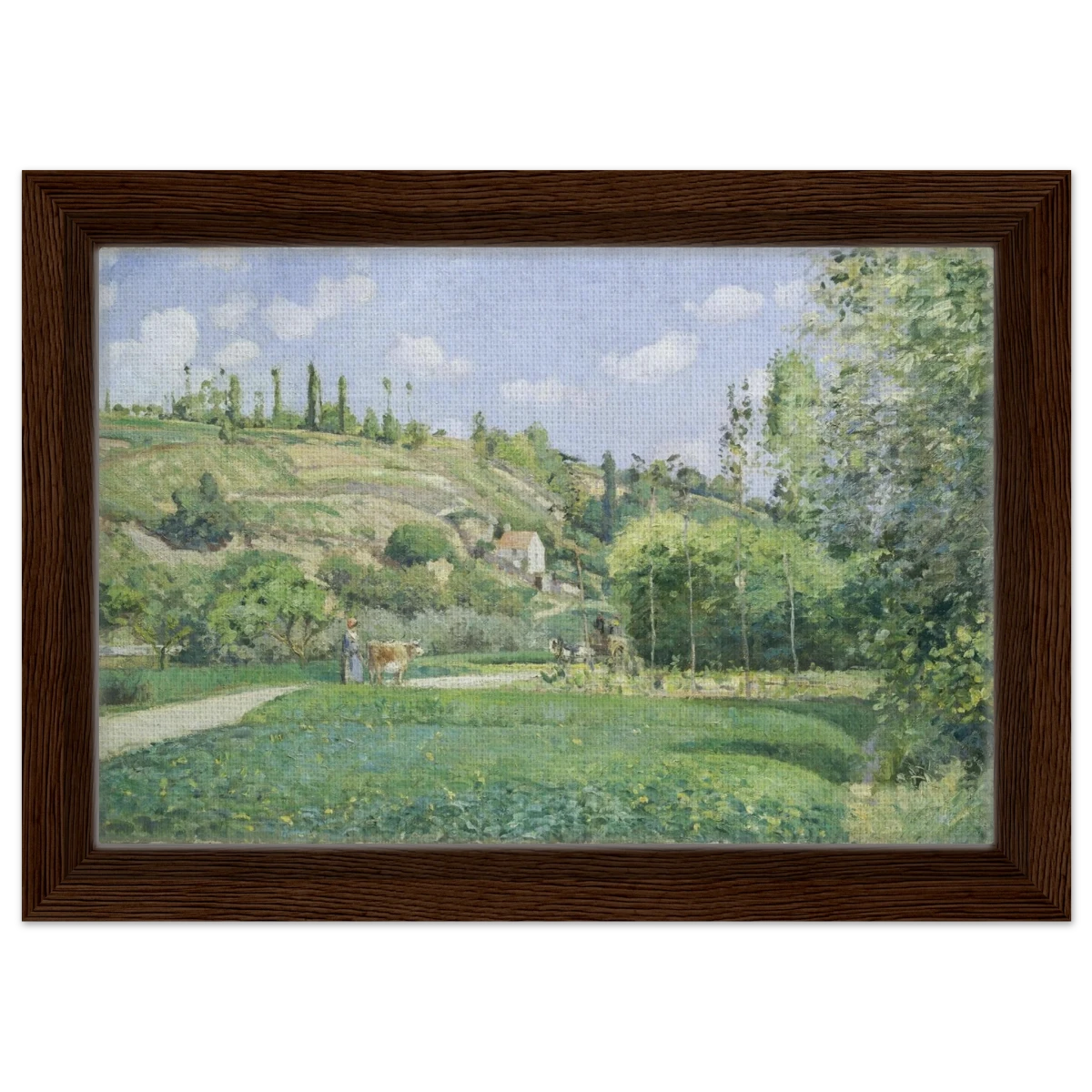 A Cowherd at Valhermeil, Auvers - sur - Oise (1874) by Camille Pissarro | Nature Wall art Print - Framed Canvas - 20x30 cm / 8x12″ - Dark wood frame