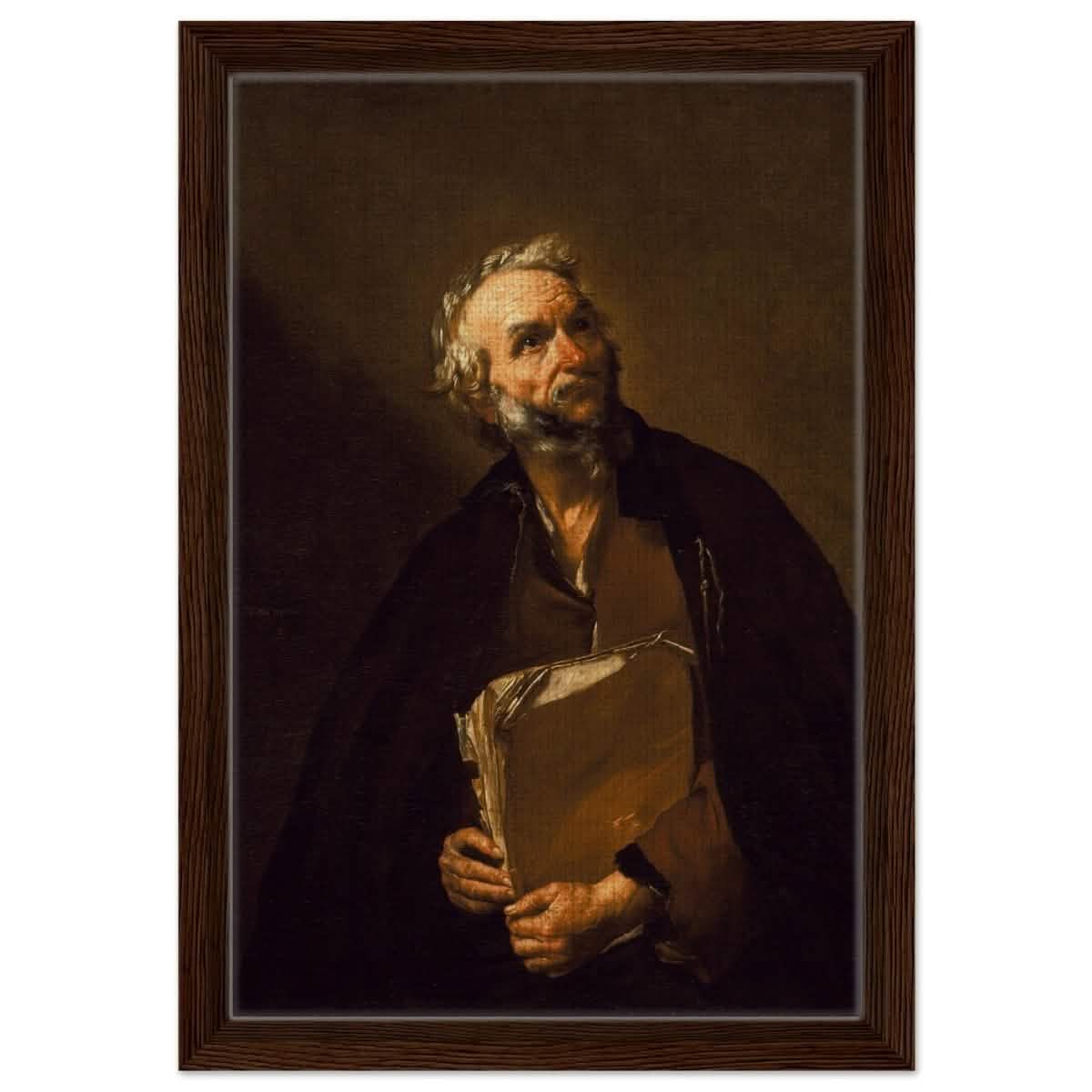 A Philosopher by Jusepe de Ribera | Vintage Wall art print - Framed Canvas - 30x45 cm / 12x18″ - Dark wood frame