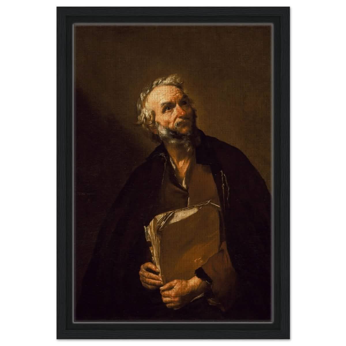 A Philosopher by Jusepe de Ribera | Vintage Wall art print - Framed Canvas - 30x45 cm / 12x18″ - Black frame