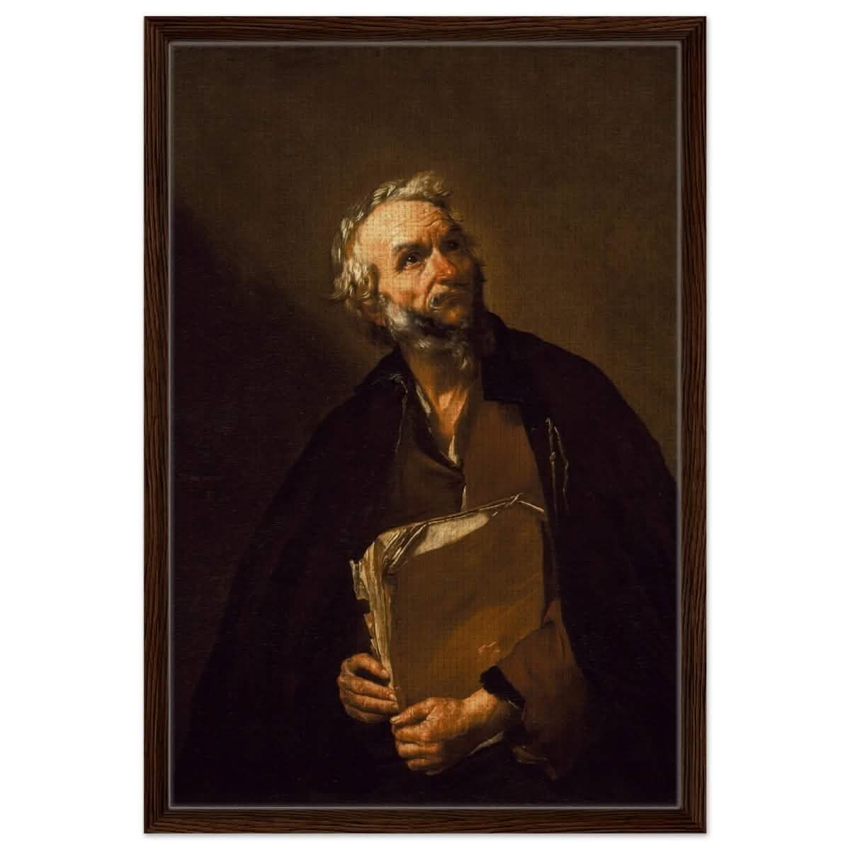 A Philosopher by Jusepe de Ribera | Vintage Wall art print - Framed Canvas - 50x75 cm / 20x30″ - Dark wood frame