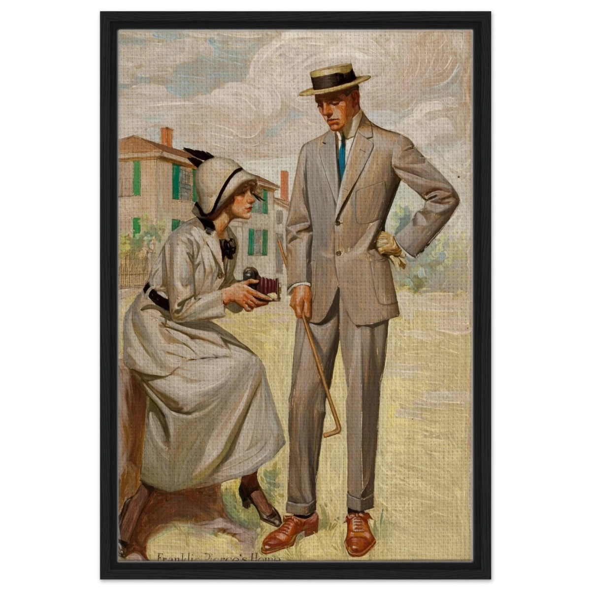 "A Timeless Pose" – Vintage Illustration by Franklin Booth | Romantic Americana Wall Art Print - Framed Canvas - 50x75 cm / 20x30″ - Black frame