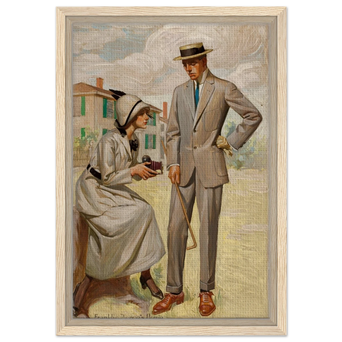 "A Timeless Pose" – Vintage Illustration by Franklin Booth | Romantic Americana Wall Art Print - Framed Canvas - 30x45 cm / 12x18″ - Wood frame