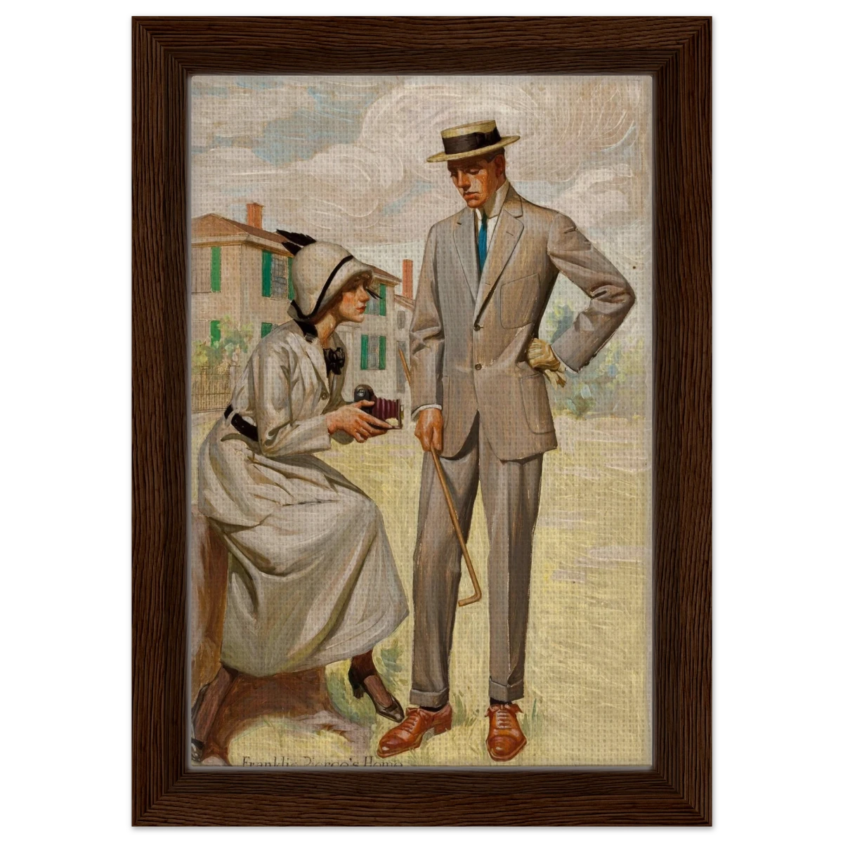 "A Timeless Pose" – Vintage Illustration by Franklin Booth | Romantic Americana Wall Art Print - Framed Canvas - 20x30 cm / 8x12″ - Dark wood frame