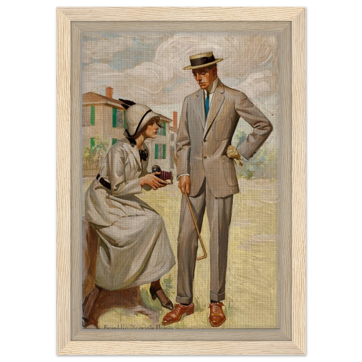 "A Timeless Pose" – Vintage Illustration by Franklin Booth | Romantic Americana Wall Art Print - Framed Canvas - 20x30 cm / 8x12″ - Wood frame