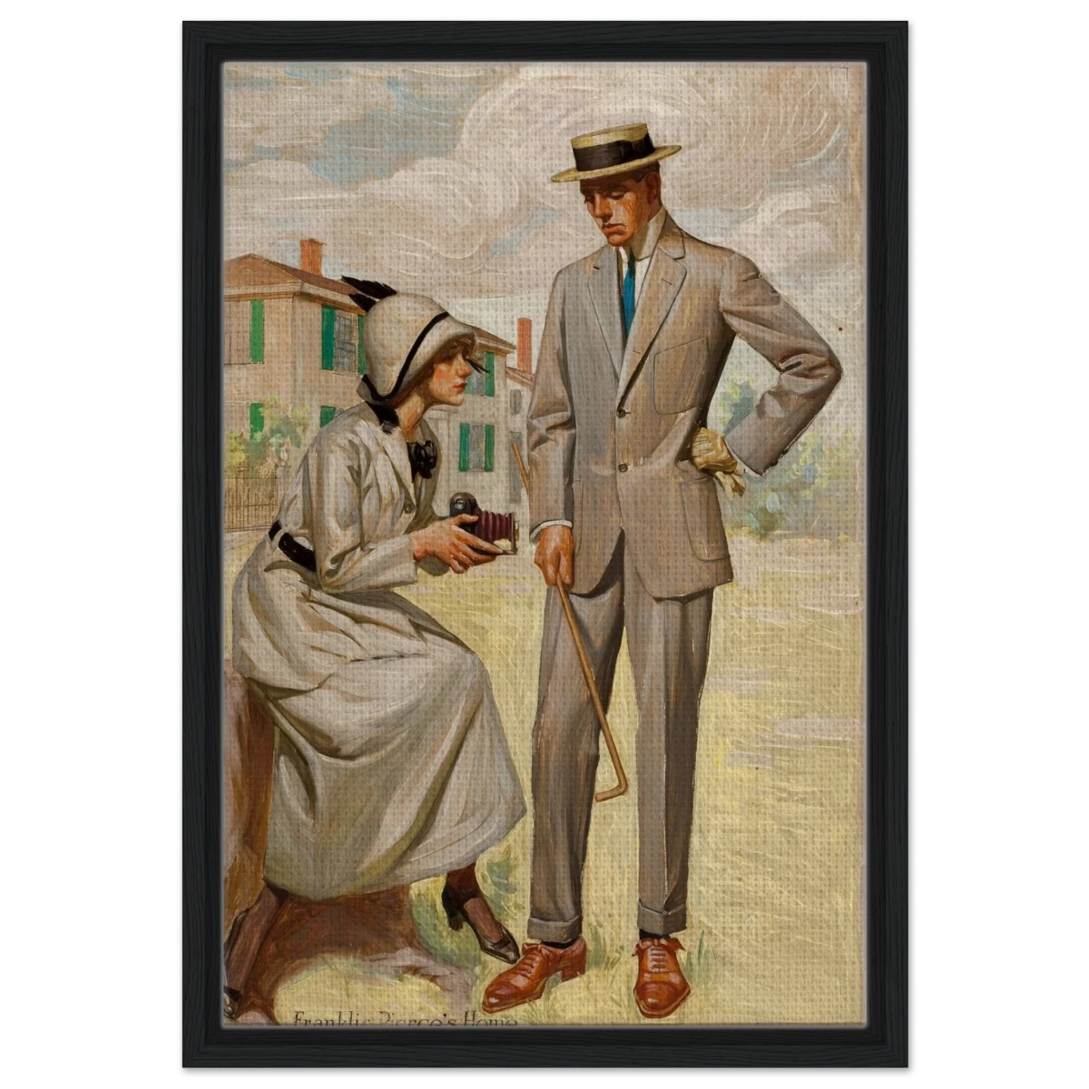 "A Timeless Pose" – Vintage Illustration by Franklin Booth | Romantic Americana Wall Art Print - Framed Canvas - 40x60 cm / 16x24″ - Black frame