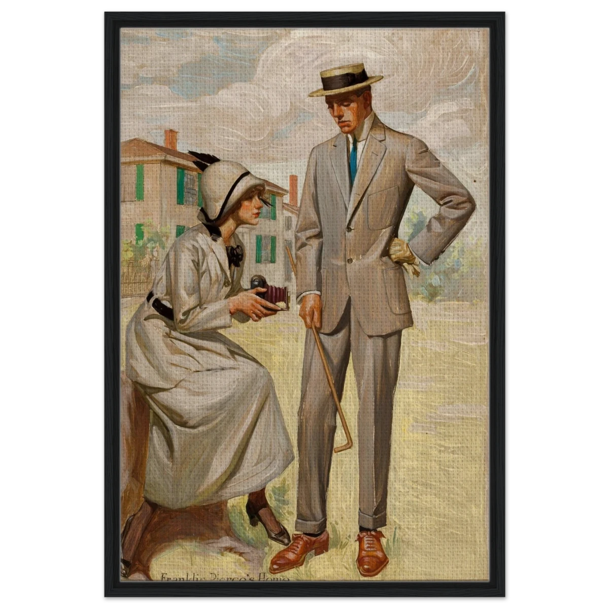 "A Timeless Pose" – Vintage Illustration by Franklin Booth | Romantic Americana Wall Art Print - Framed Canvas - 60x90 cm / 24x36″ - Black frame