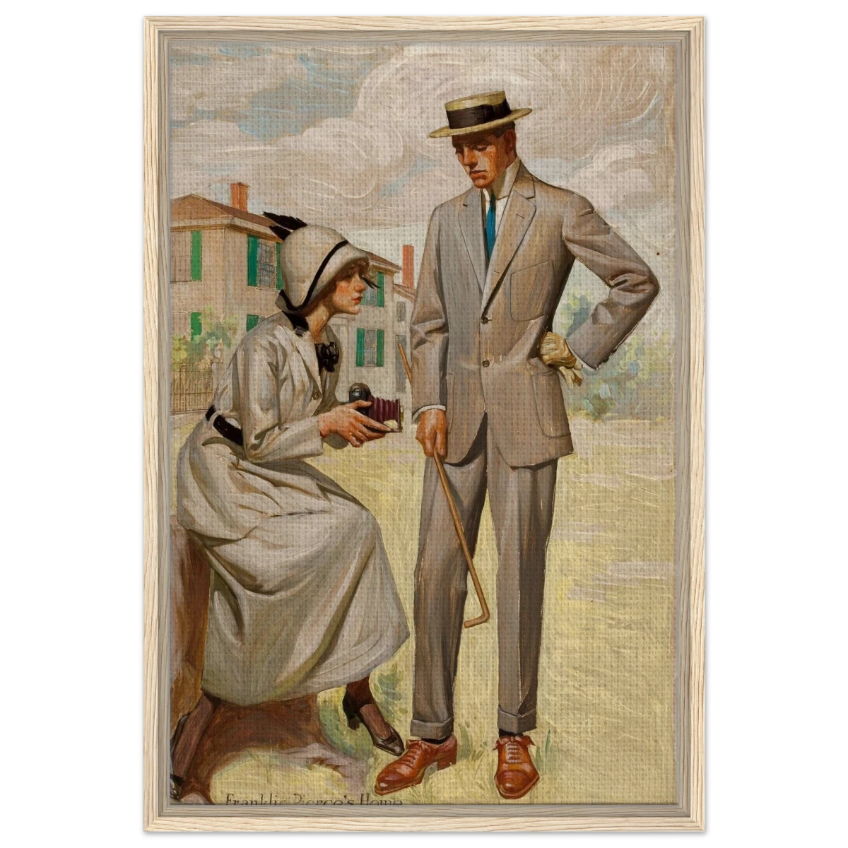 "A Timeless Pose" – Vintage Illustration by Franklin Booth | Romantic Americana Wall Art Print - Framed Canvas - 50x75 cm / 20x30″ - Wood frame