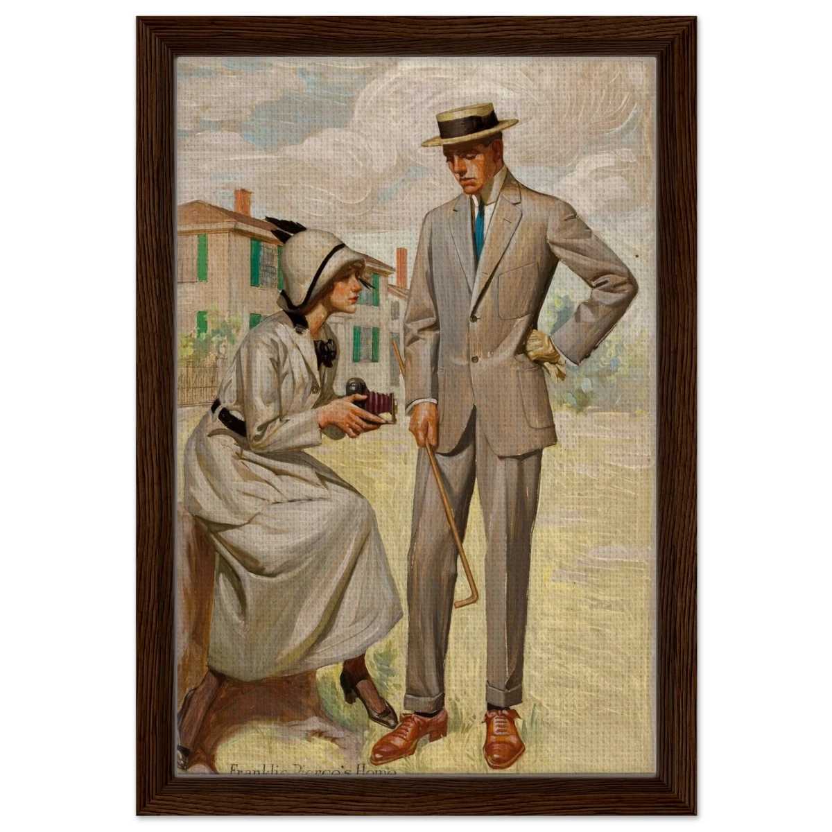 "A Timeless Pose" – Vintage Illustration by Franklin Booth | Romantic Americana Wall Art Print - Framed Canvas - 30x45 cm / 12x18″ - Dark wood frame
