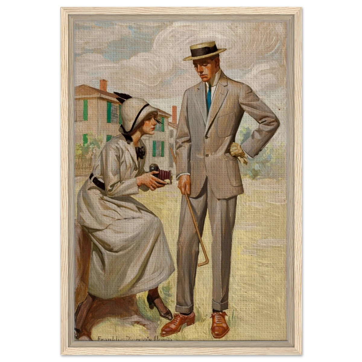 "A Timeless Pose" – Vintage Illustration by Franklin Booth | Romantic Americana Wall Art Print - Framed Canvas - 40x60 cm / 16x24″ - Wood frame
