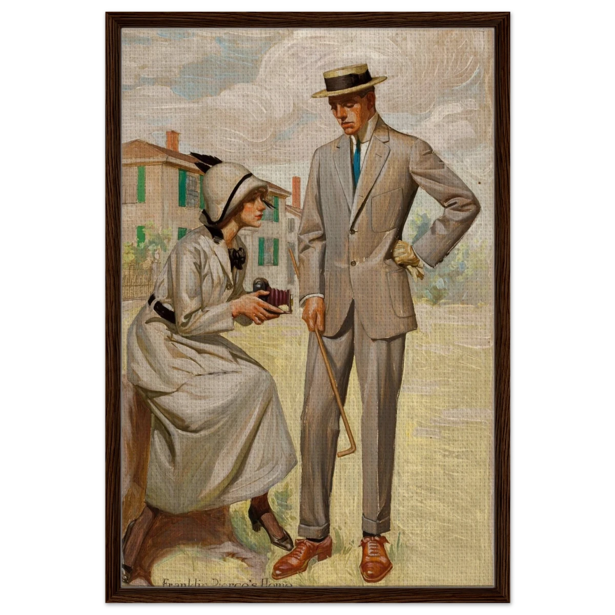 "A Timeless Pose" – Vintage Illustration by Franklin Booth | Romantic Americana Wall Art Print - Framed Canvas - 60x90 cm / 24x36″ - Dark wood frame