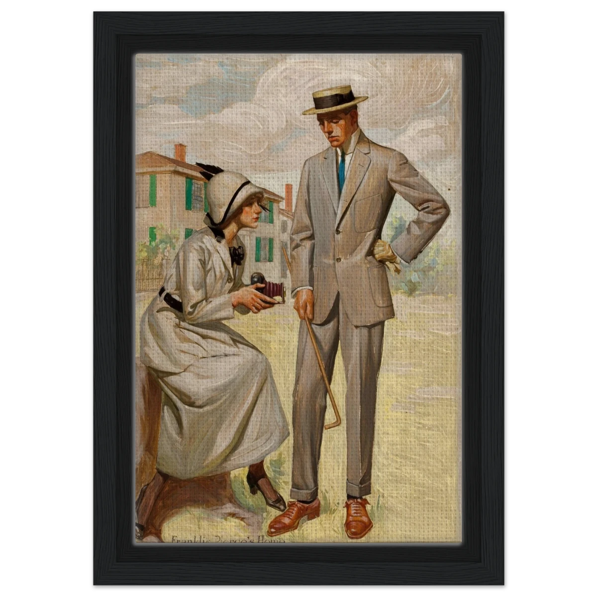 "A Timeless Pose" – Vintage Illustration by Franklin Booth | Romantic Americana Wall Art Print - Framed Canvas - 20x30 cm / 8x12″ - Black frame