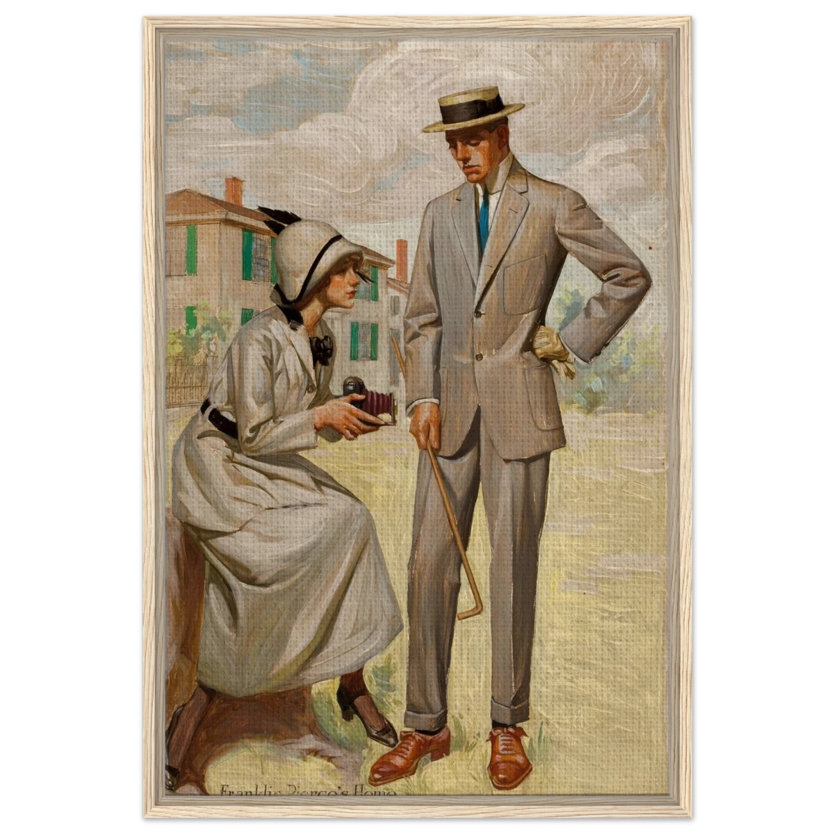 "A Timeless Pose" – Vintage Illustration by Franklin Booth | Romantic Americana Wall Art Print - Framed Canvas - 60x90 cm / 24x36″ - Wood frame