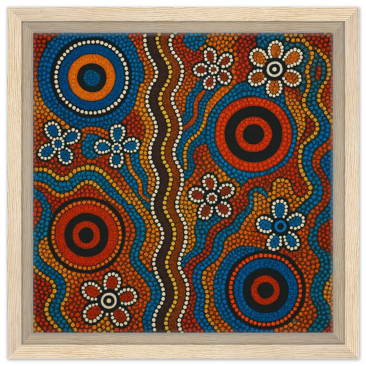 Aboriginal Dreaming Circles Wall Art Print - Framed Canvas - 30x30 cm / 12x12″ - Wood frame