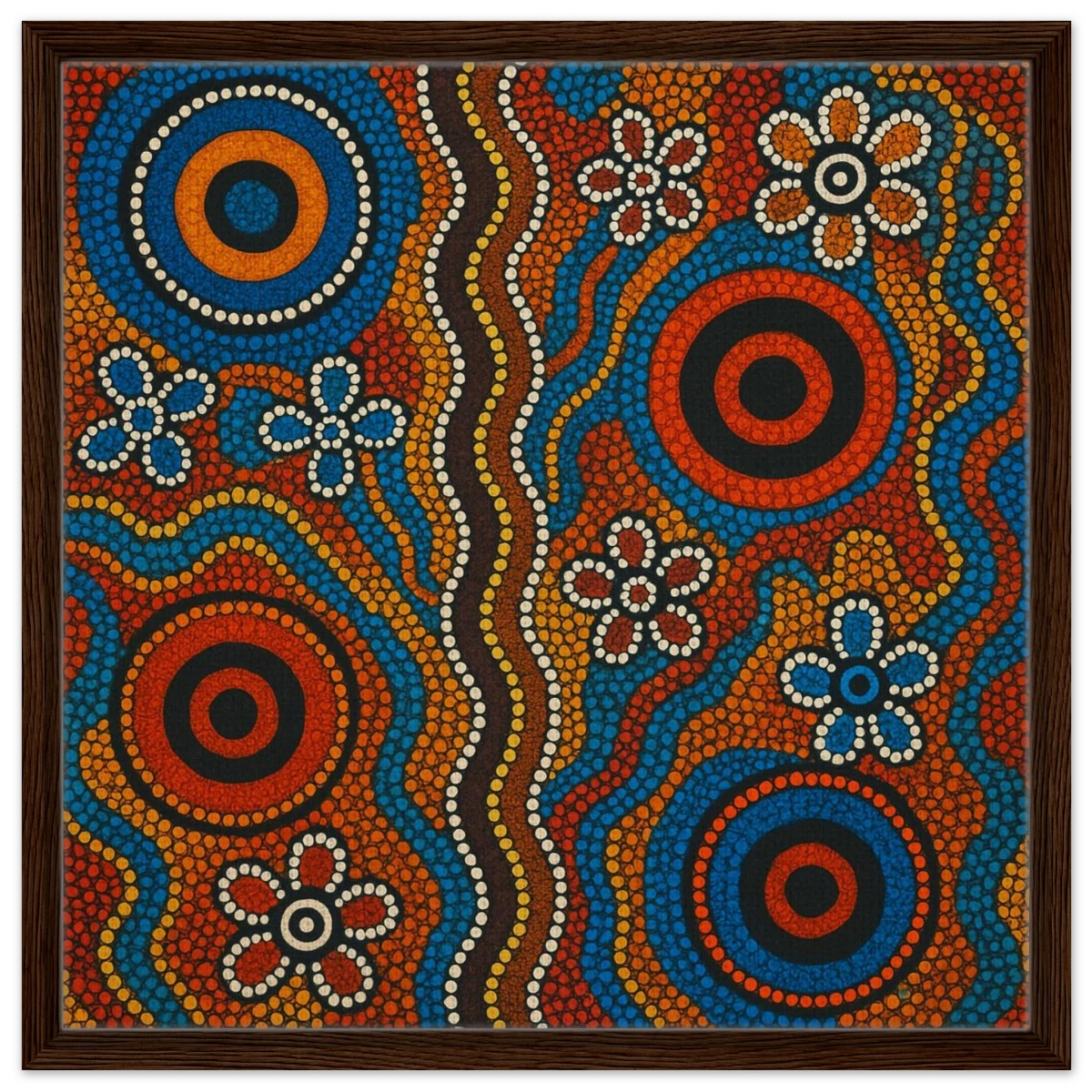 Aboriginal Dreaming Circles Wall Art Print - Framed Canvas - 60x60 cm / 24x24″ - Dark wood frame