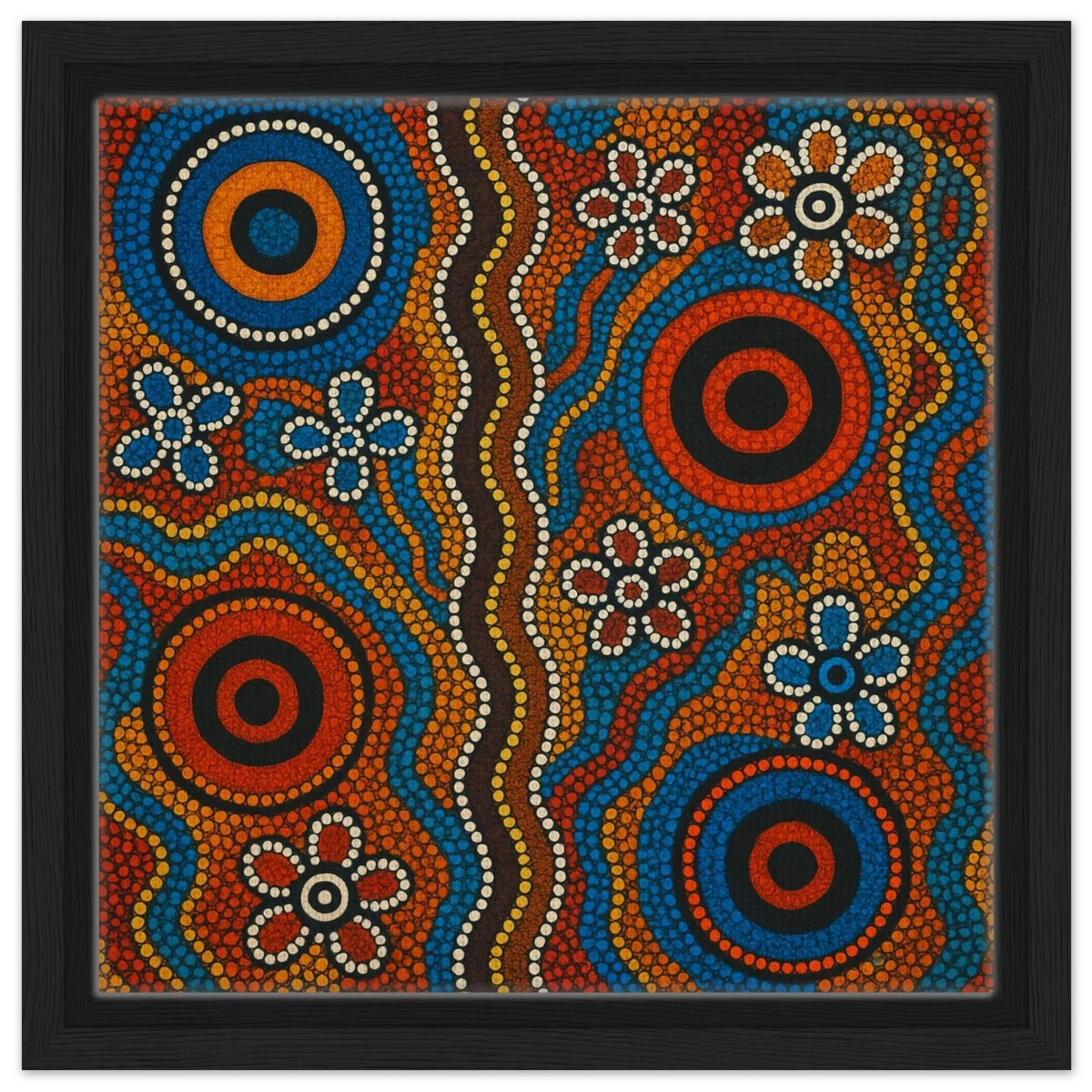 Aboriginal Dreaming Circles Wall Art Print - Framed Canvas - 30x30 cm / 12x12″ - Black frame