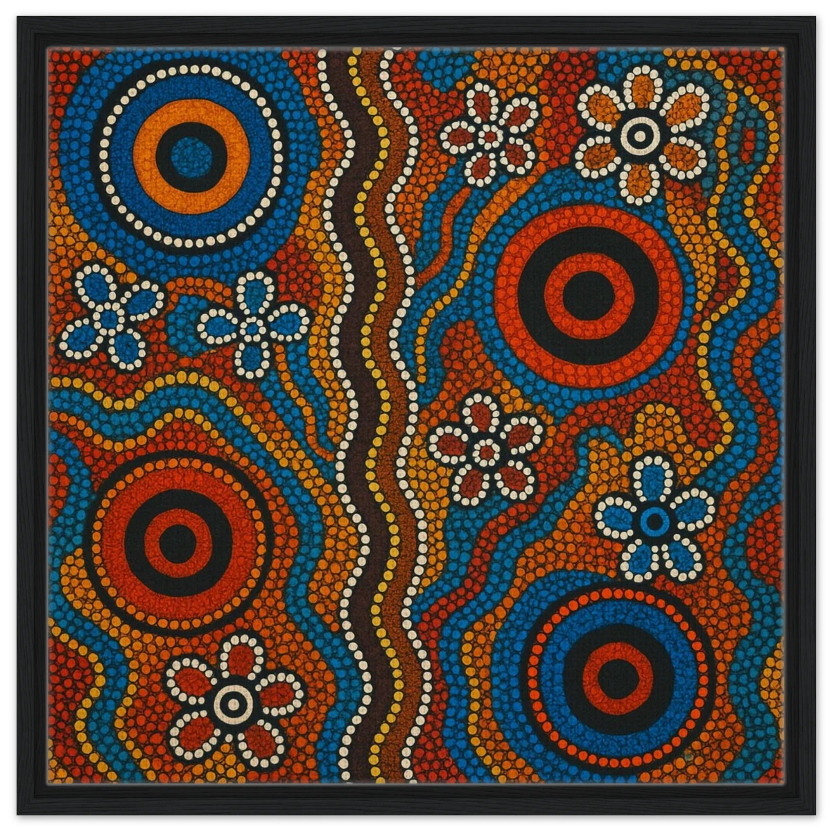 Aboriginal Dreaming Circles Wall Art Print - Framed Canvas - 60x60 cm / 24x24″ - Black frame