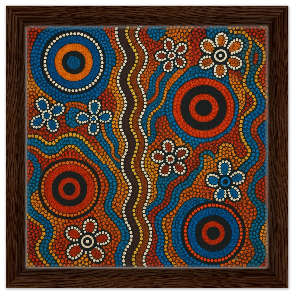 Aboriginal Dreaming Circles Wall Art Print - Framed Canvas - 30x30 cm / 12x12″ - Dark wood frame