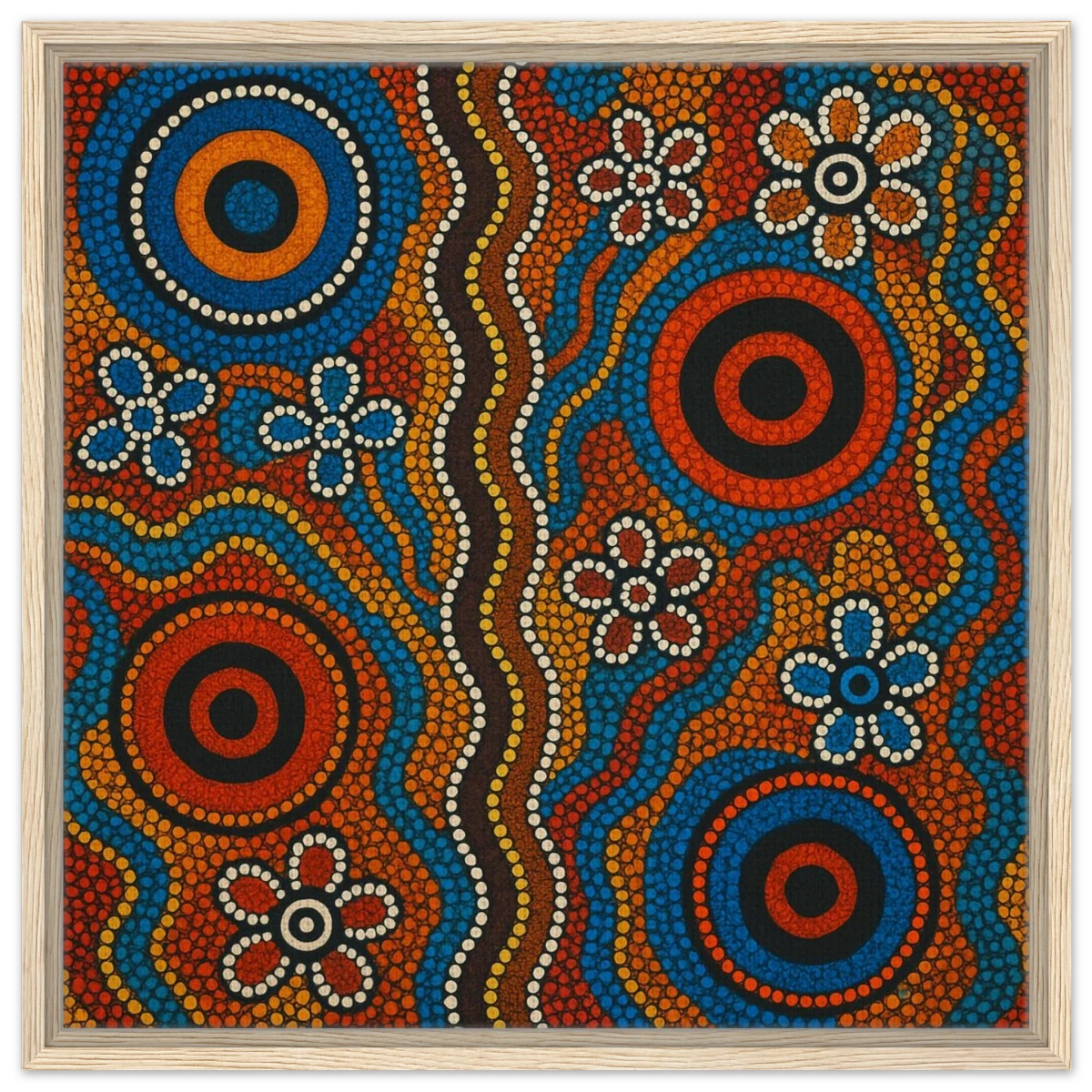 Aboriginal Dreaming Circles Wall Art Print - Framed Canvas - 60x60 cm / 24x24″ - Wood frame
