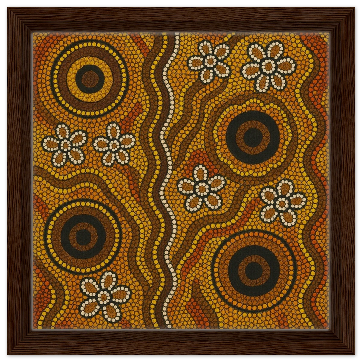 Aboriginal Ochre Earth Tones Wall Art Print - Framed Canvas - 30x30 cm / 12x12″ - Dark wood frame