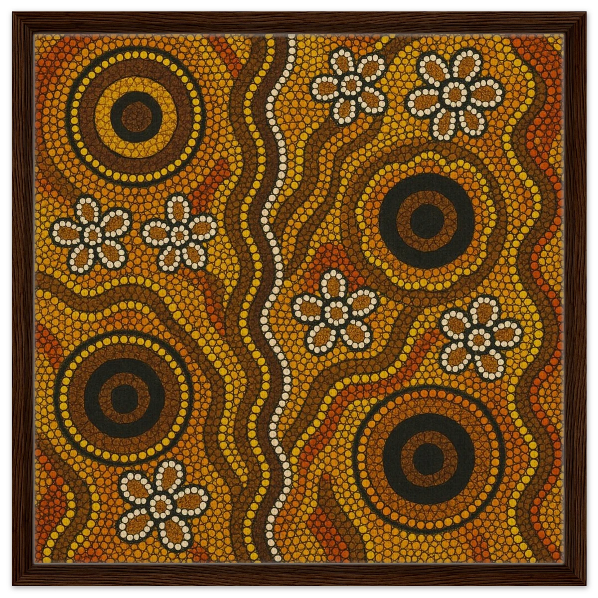Aboriginal Ochre Earth Tones Wall Art Print - Framed Canvas - 60x60 cm / 24x24″ - Dark wood frame