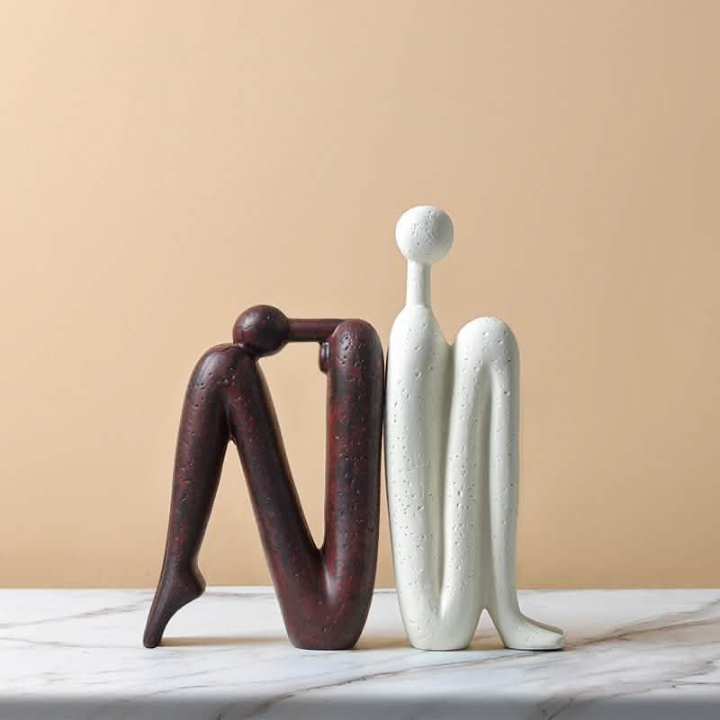 Abstract Back - to - Back Figurine Sculpture – Modern Ceramic Art Décor - Gray And White -