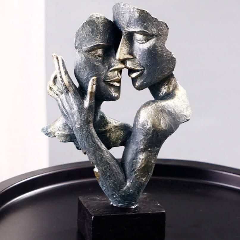 Abstract Couple Mask Sculpture – Modern Resin Art Décor - Green Gold -