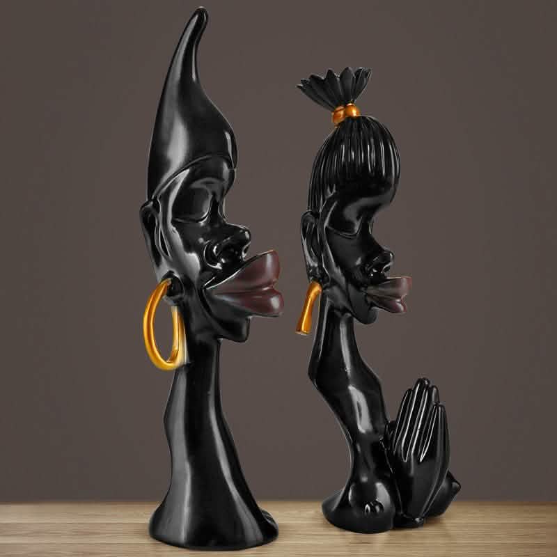 Abstract Couple Sculpture – Modern Black Resin Art Décor - Set -