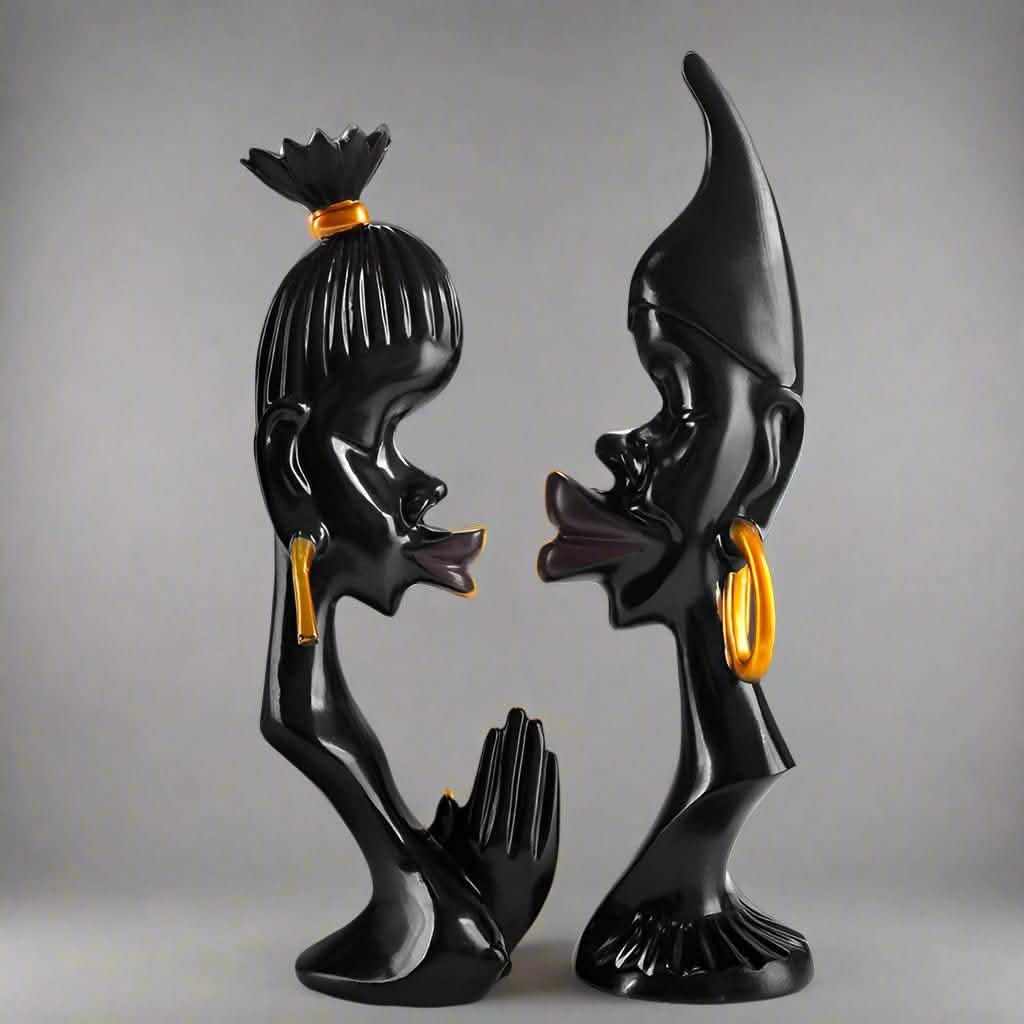 Abstract Couple Sculpture – Modern Black Resin Art Décor - Set -