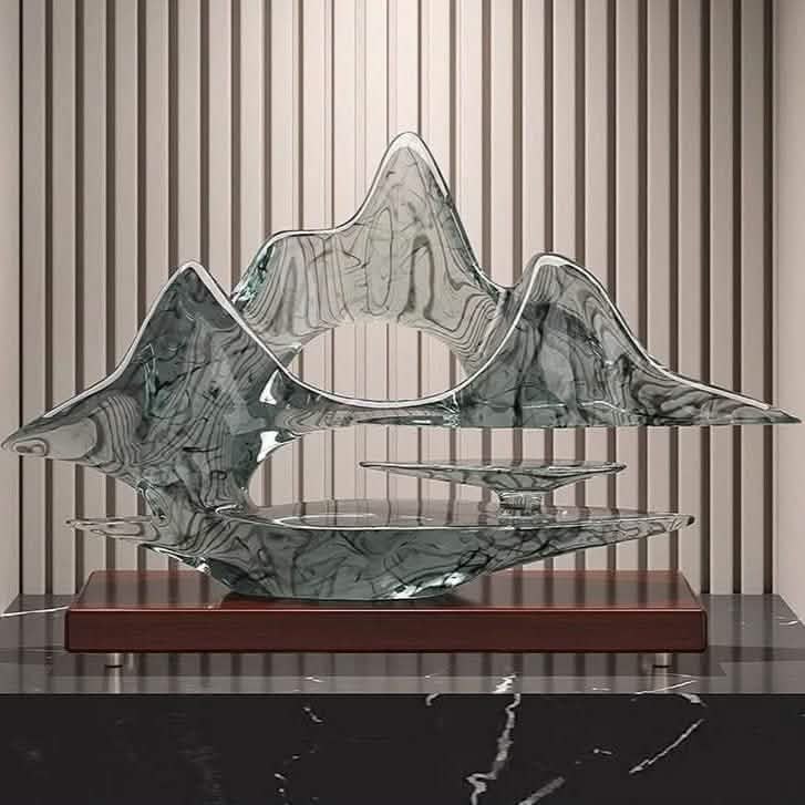 Abstract Mountain Landscape Resin Sculpture – Modern Decorative Art Piece - Abstract Mountain Sea Base - 49 x 15 x 32 cm -