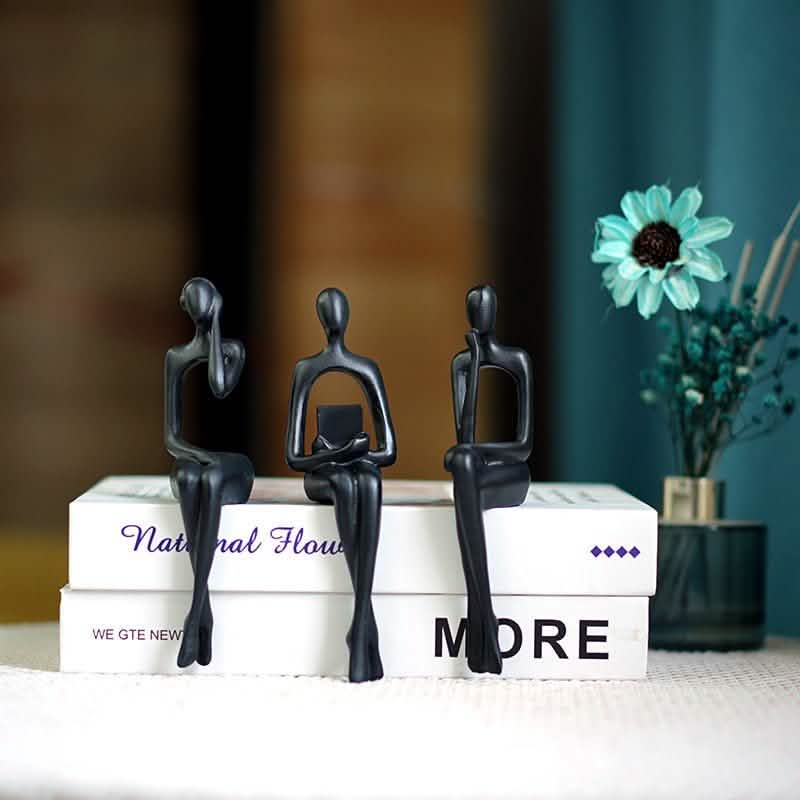 Abstract Sitting Figures Resin Sculpture Set – Modern Three - Piece Décor - Black Set -