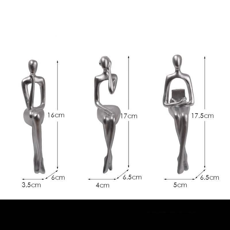 Abstract Sitting Figures Resin Sculpture Set – Modern Three - Piece Décor - Silver Set -