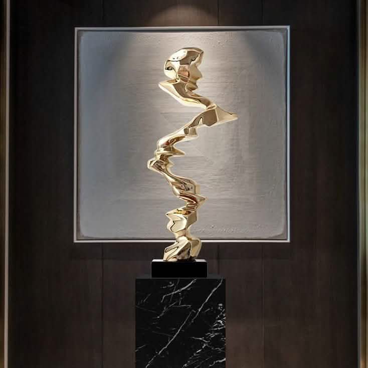 Abstract Spiral Resin Sculpture with Black Marble Base – Modern Decorative Art Ornament - Bright Gold - 92 cm -