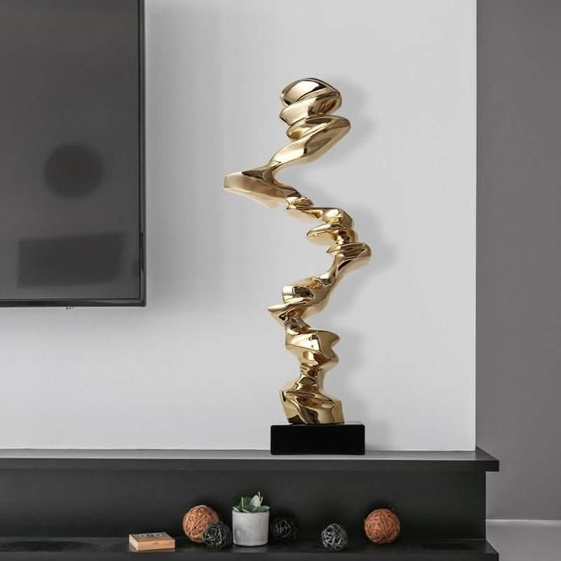 Abstract Spiral Resin Sculpture with Black Marble Base – Modern Decorative Art Ornament - Bright Gold - 92 cm -