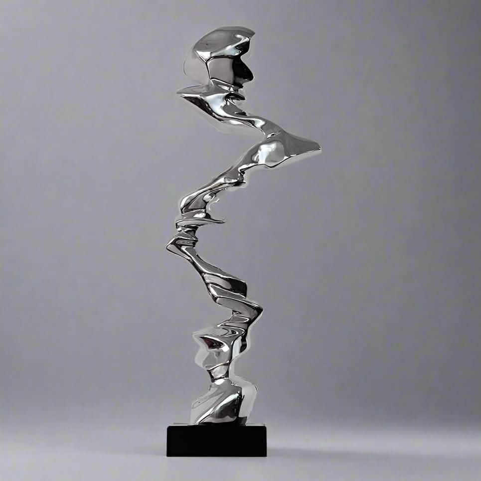 Abstract Spiral Resin Sculpture with Black Marble Base – Modern Decorative Art Ornament - Elegant Silver - 92 cm -