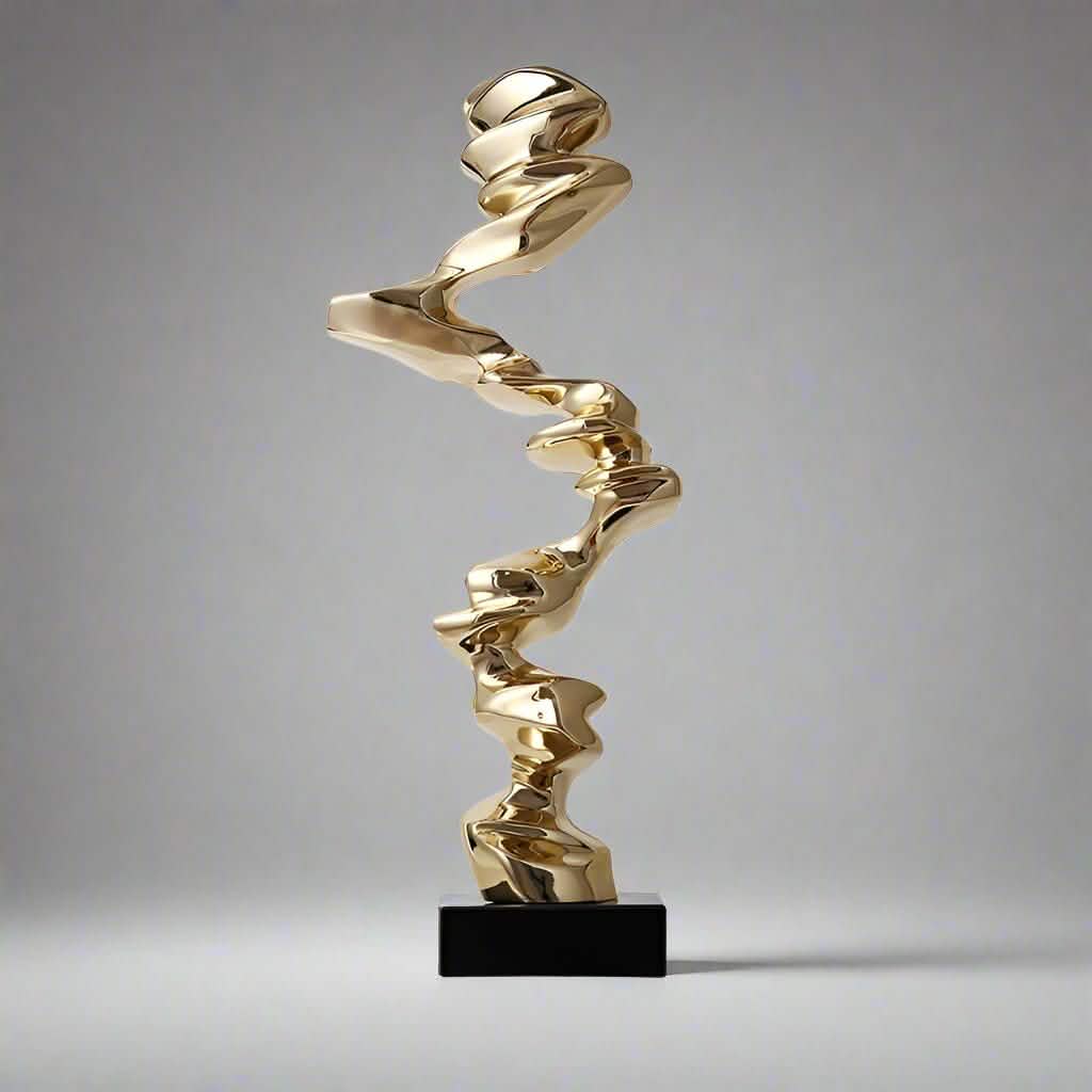 Abstract Spiral Resin Sculpture with Black Marble Base – Modern Decorative Art Ornament - Bright Gold - 92 cm -