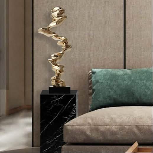 Abstract Spiral Resin Sculpture with Black Marble Base – Modern Decorative Art Ornament - Bright Gold - 92 cm -