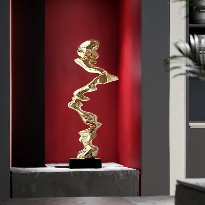 Abstract Spiral Resin Sculpture with Black Marble Base – Modern Decorative Art Ornament - Bright Gold - 92 cm -