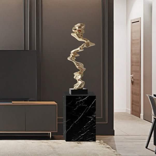 Abstract Spiral Resin Sculpture with Black Marble Base – Modern Decorative Art Ornament - Bright Gold - 92 cm -