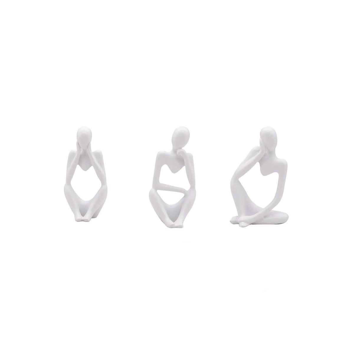 Abstract Thinker Resin Sculpture – Modern Artistic Ornaments in Black, White & Gold - Set - White -