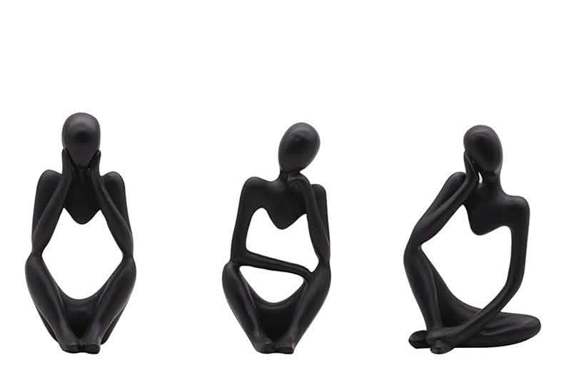Abstract Thinker Resin Sculpture – Modern Artistic Ornaments in Black, White & Gold - Set - Black -