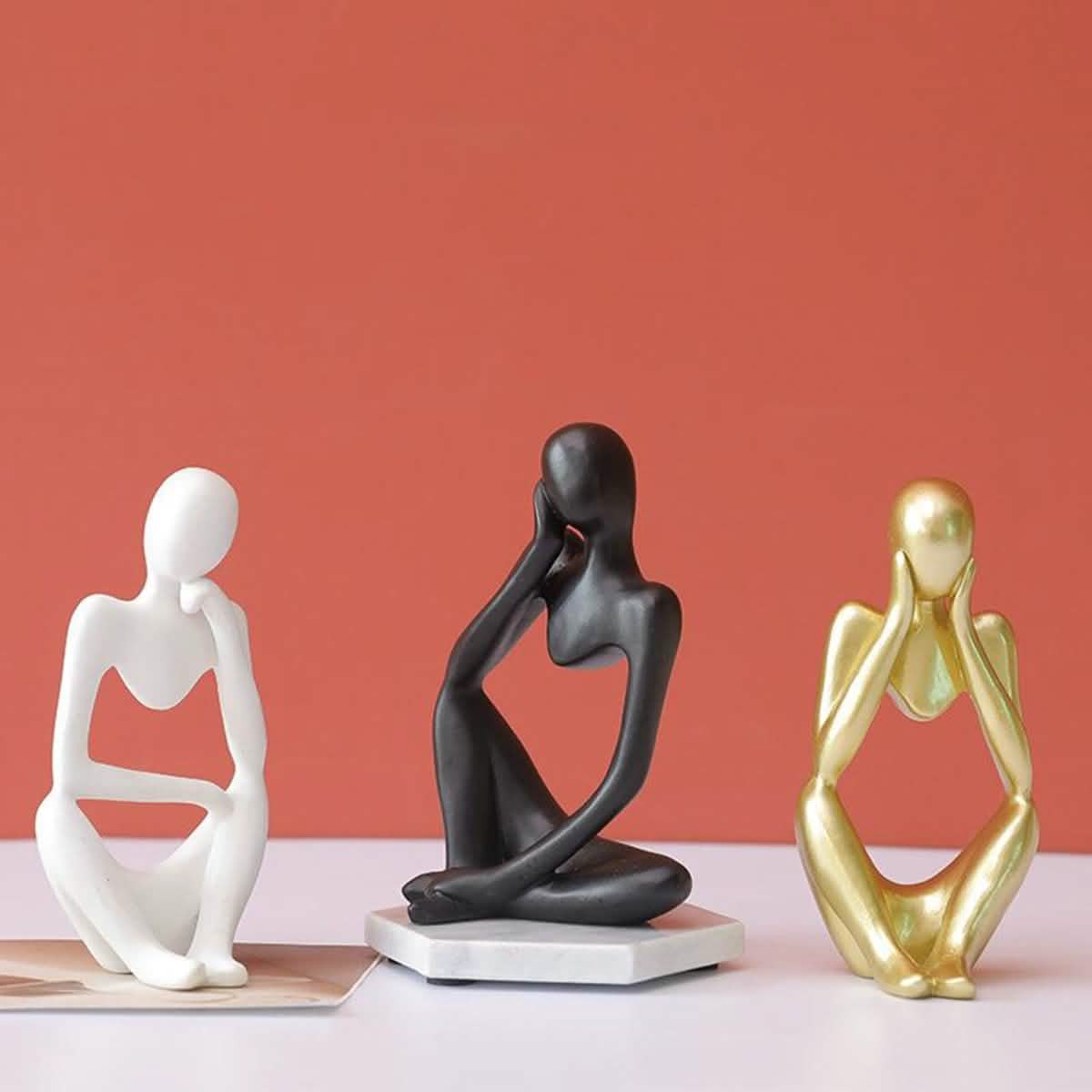 Abstract Thinker Resin Sculpture – Modern Artistic Ornaments in Black, White & Gold - A - Black -