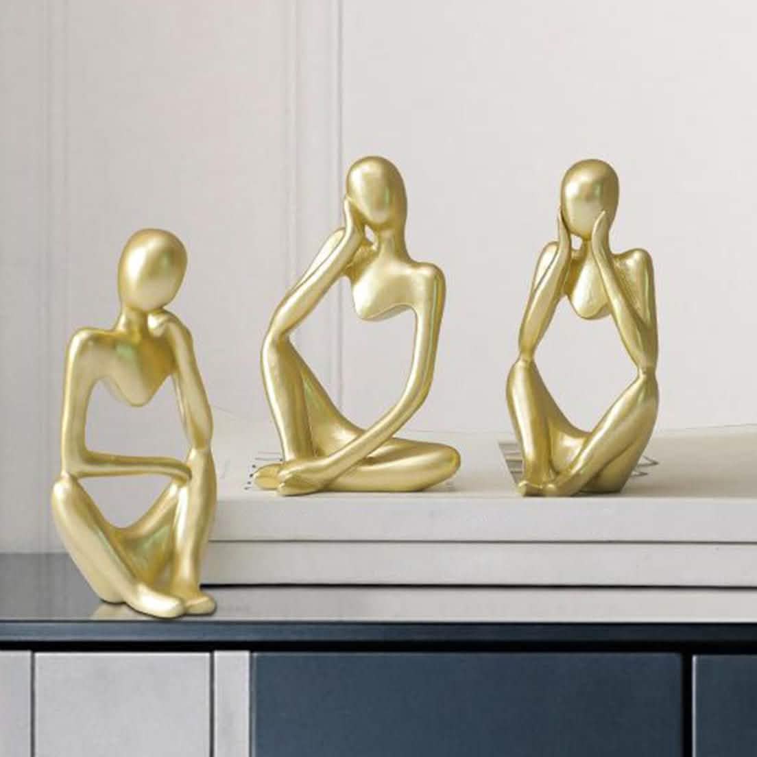 Abstract Thinker Resin Sculpture – Modern Artistic Ornaments in Black, White & Gold - A - Black -