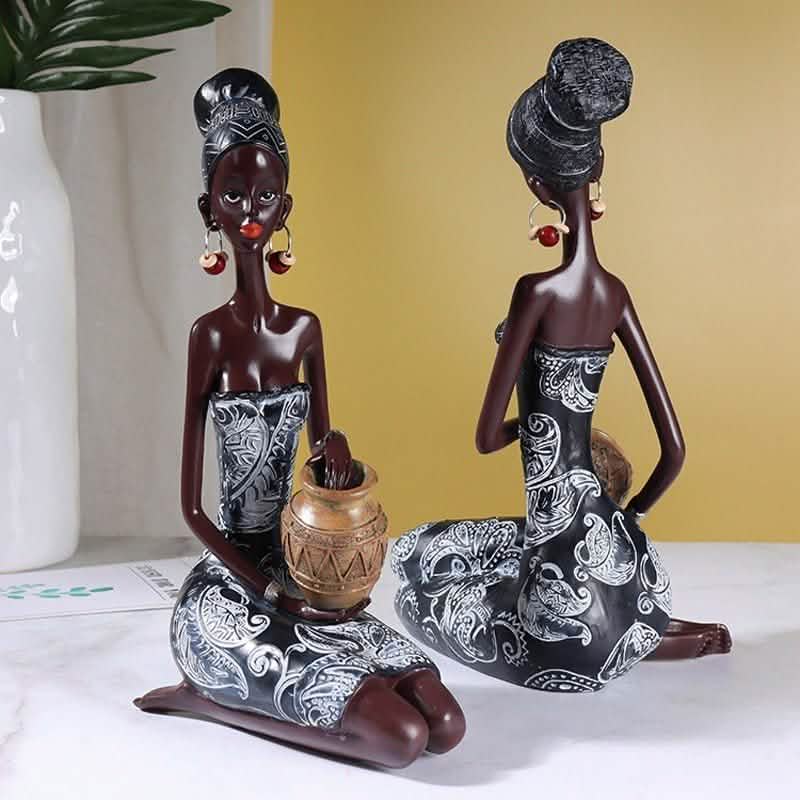 African Heritage Resin Sculpture – Retro Handcrafted Figurines - Water Vessel Figurine (Squatting Pose) -