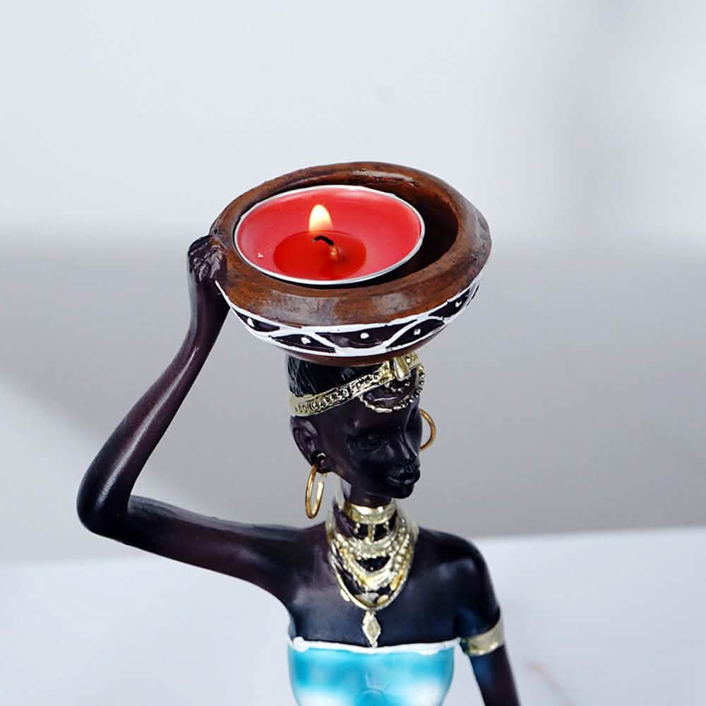 African Resin Women Statues – Handcrafted Decorative Figurine Set - Candle Holder - Blue -